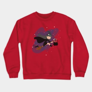 Kawaii Witch Flying in the moonlight With Her Black Cat and Cauldron Crewneck Sweatshirt